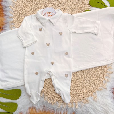 Saída de Maternidade Malha Suedine (100% Algodão) - Off White Ursinho de Gravata